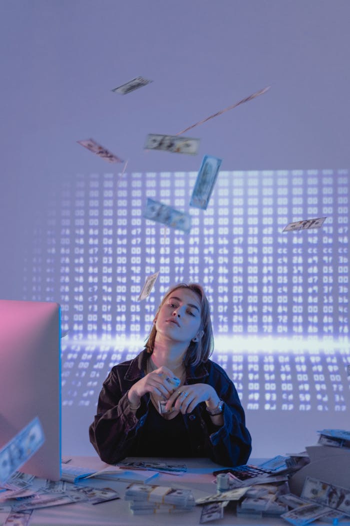 Confident woman with cash and data projections, representing financial wealth and technology.